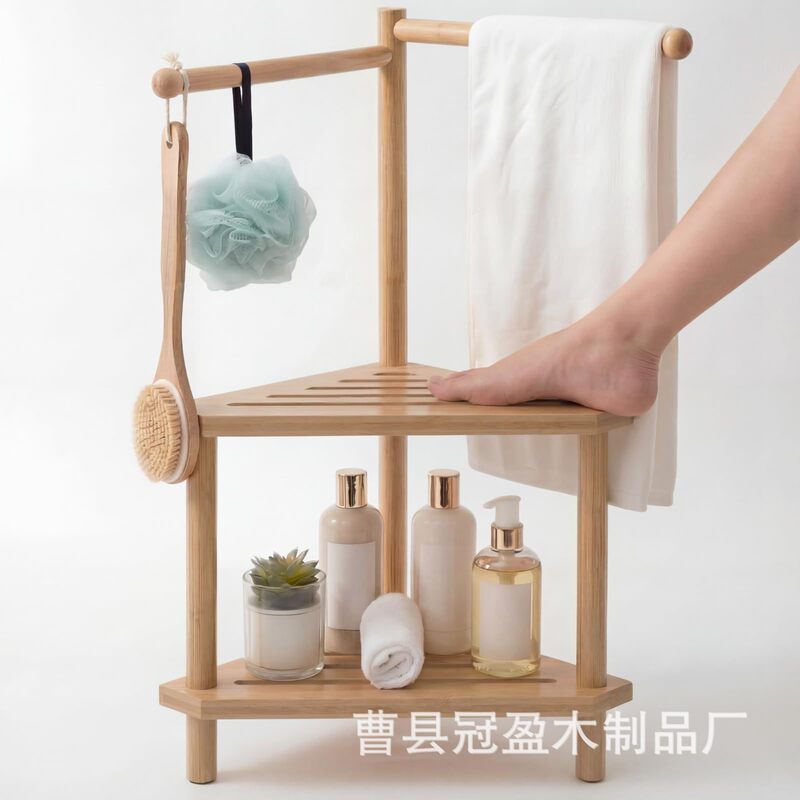 Wooden bathroom stool with towel rack, bathroom toiletries storage organizer, shower footrest and seat Wooden bathroom stool with towel rack, bathroom toiletries storage organizer, shower footrest and seat