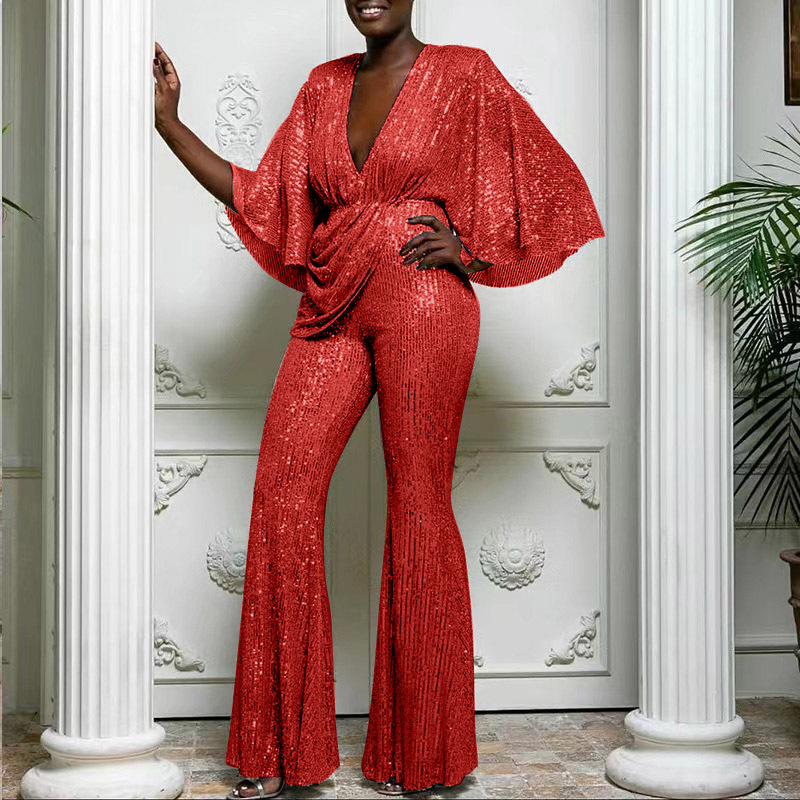 2024 de Europa y América del comercio Exterior las nuevas mujeres ropa eBay Amazon Ventas Directas lentejuelas sexy Deep V backless jumpsuit Pantalones
