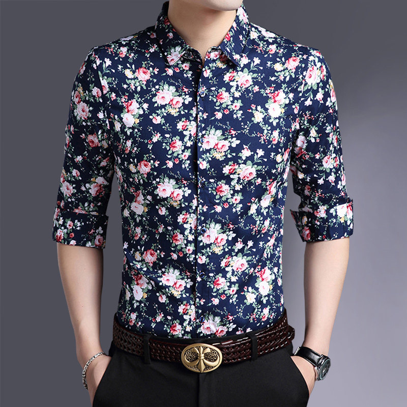 Camisas jóvenes de mediana edad de alta gama para hombres primavera y otoño tendencia floral coreana camisa de algodón nueva camisa floral de manga larga