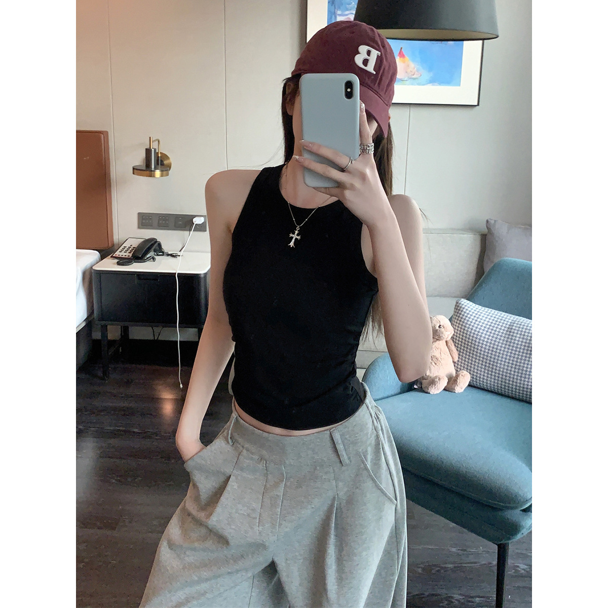 Waist Pleated I-shaped Base Ride Sleeveless Outer Wear Hot Girl Style Vest