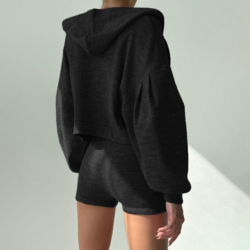 European And American Style Sports Suit Basic Solid Color Hooded Loose Zipper Jacket Small Vest + Shorts Casual_ecoleips.com