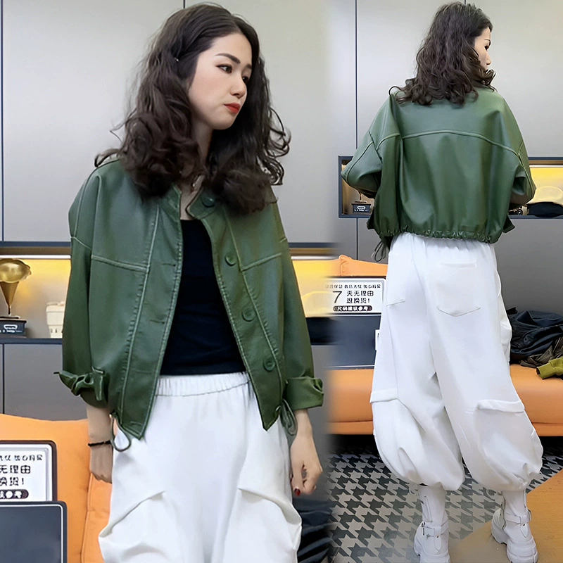 Официальное фото корейской кожаной куртки 2025 весна-осень, воротник стойка, свободный кэжуал, однобортная, с завязками, высококачественная кожаная куртка