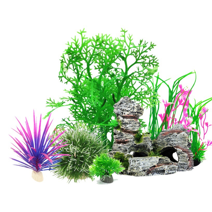 Simulación de acuario plantas acuáticas artificiales simulación de tanque de peces de colores plástico con trompeta flor Paquete de combinación de plantas acuáticas