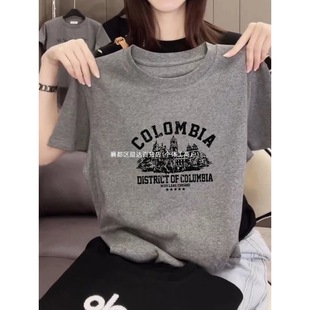 Right Shoulder Round Neck Cotton Short-Sleeved Shirt Women's New Fashion Versatile Foreign Style Gray Half-Sleeved Top Summer