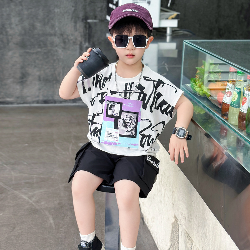 7473 traje de camiseta para niños 2025 nuevo traje de dos piezas sin mangas con estampado de verano para niños de moda hermosa