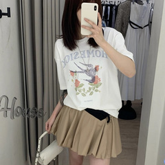 現物韓国の小衆デザイナーの潮牌25夏の新型バラのツバメの半袖のtシャツの女性の上着
