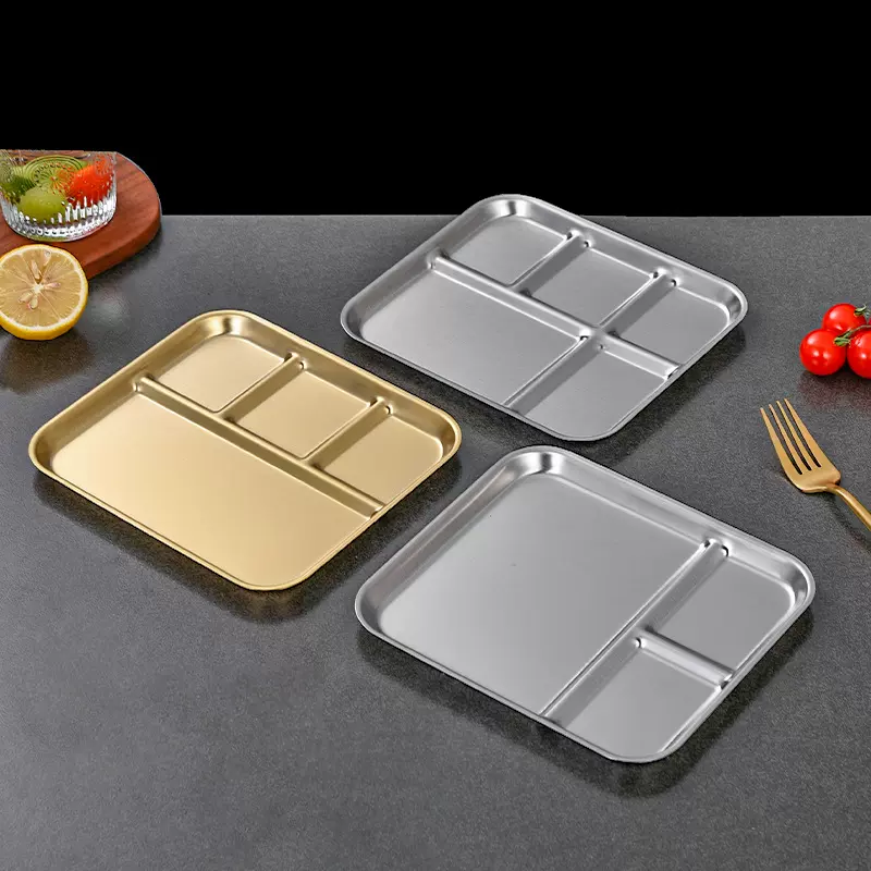 韩式不锈钢烤肉蘸料一体盘学校食堂分格餐盘金色酱料碟方形调料盘