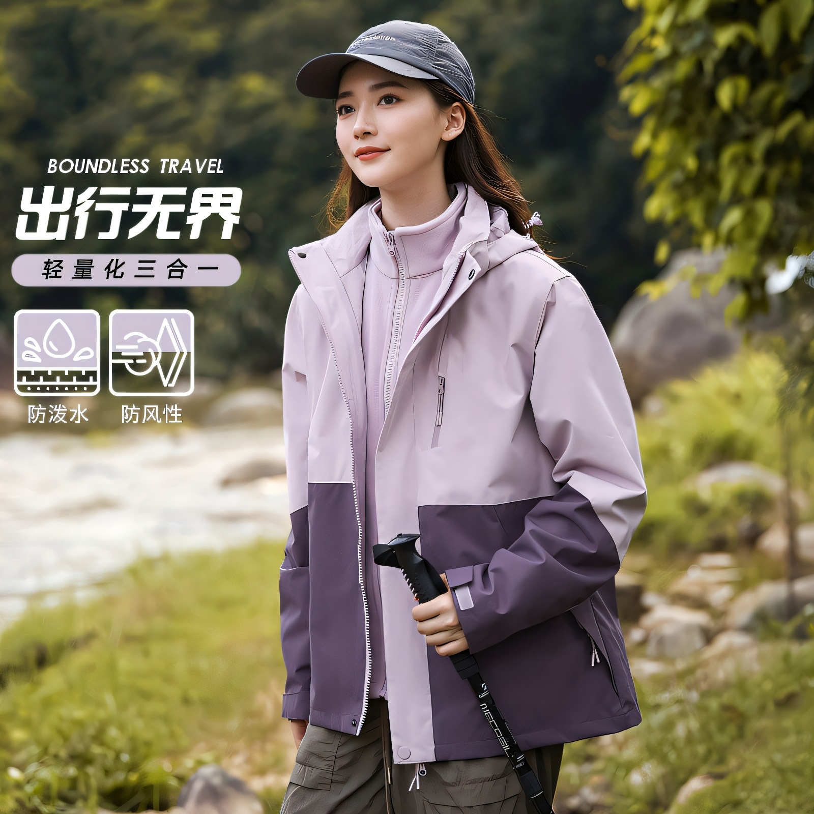 Women's 2024 New Three-in-One Outdoor Mountaineering Windproof Waterproof Green Mountain New Hiking Jacket