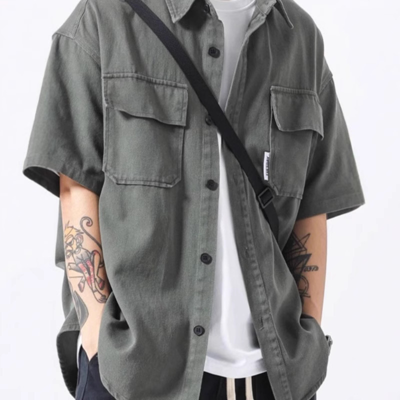 Summer Plus-Size Men's Workwear Short-Sleeve Shirt Japanese Style Trendy Brand Ins Two-Pocket Loose Casual Shirt Jacket