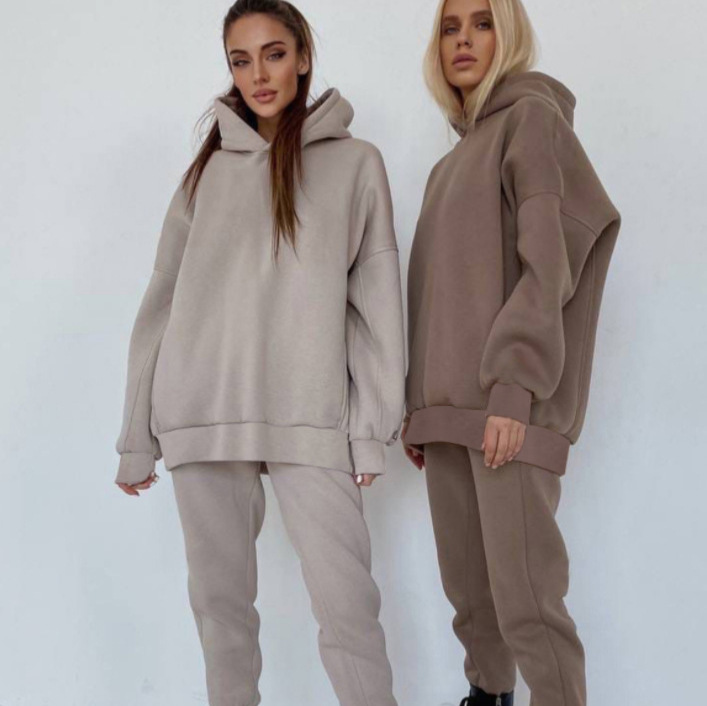 Women's Clothing Women's Hooded Sweatshirt Two-Piece Set Fleece-Lined Pullover & Joggers Casual Outfit In White Black Brown Beige S M L XL_voghion.com