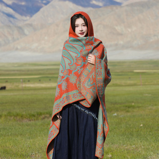 Ethnic Style Shawl Cape Bohemian Hat Scarf Thick Cloak for Women Warm Xinjiang Xizang Northwest Qinghai