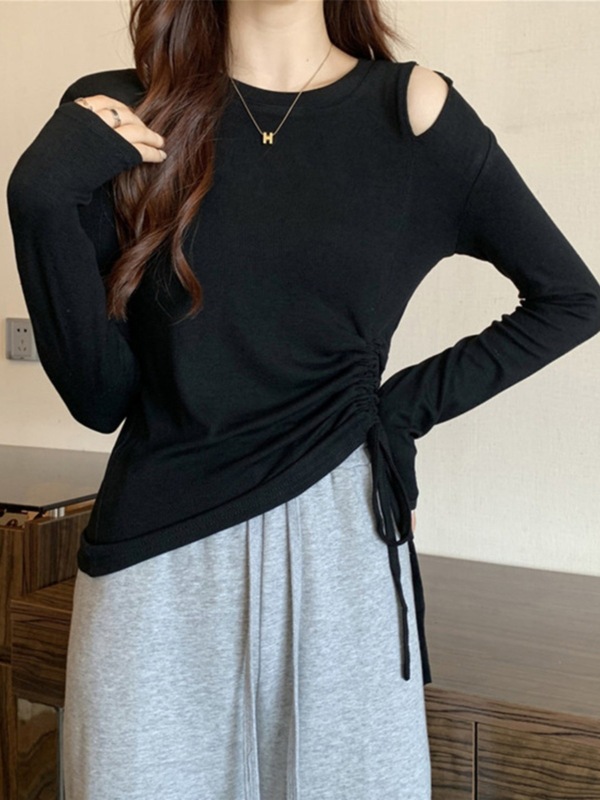 露肩气质长袖t恤女春秋新款修身不规则抽绳打底衫百搭上衣潮A6724|undefined