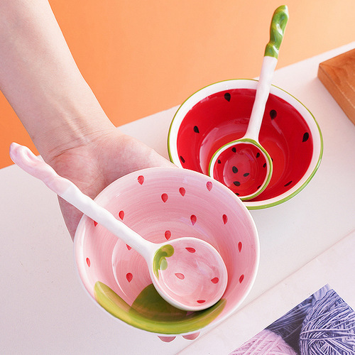 High-looking cartoon ceramic bowl ins style strawberry bowl watermelon spoon children's cute rice bowl soup bowl tableware wholesale