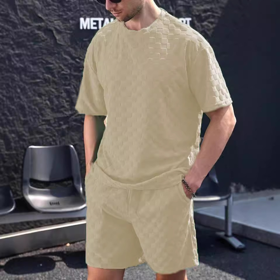 2-teiliges Herren-Set aus übergroßem T-Shirt und Shorts mit Schachbrettmuster – lässige Loungewear für Sommer und Herbst (Schwarz, Grau, Khaki, Weiß) – S-XXXL_voghion.com