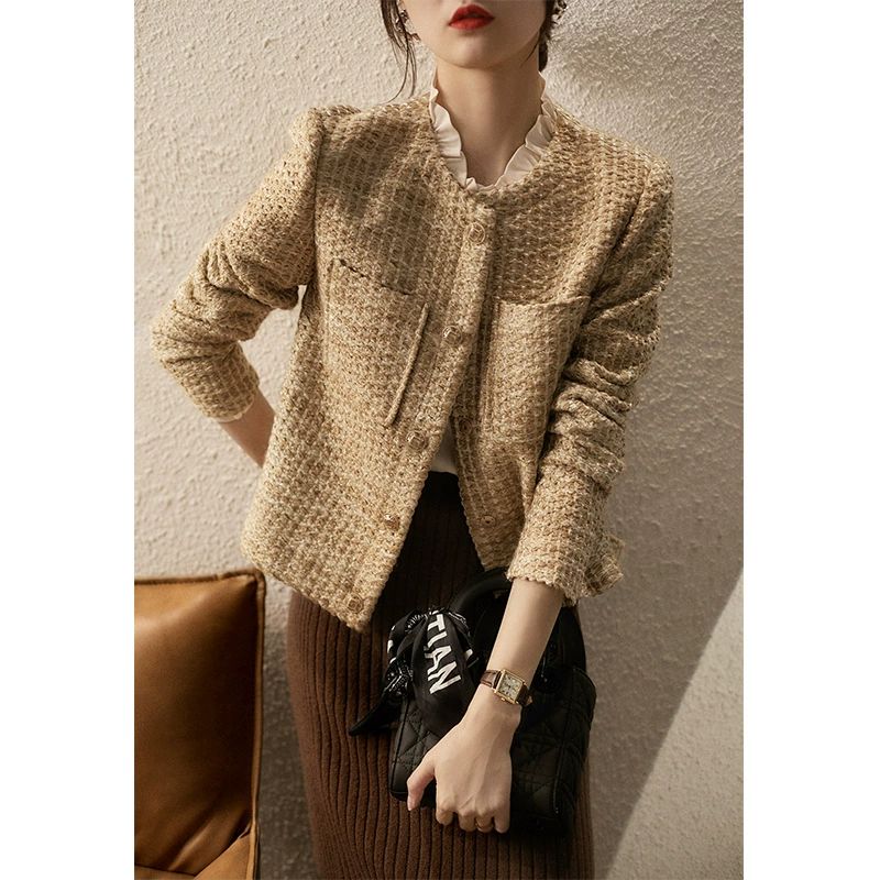 Модная осенняя ретро-куртка с круглым воротом, slim fit, стиль Chanel, элитная