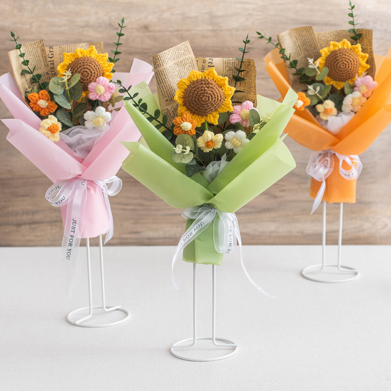 De lana de ganchillo pequeño ramo de regalo girasol acabado flor regalo de negocios lana hecha a mano de bricolaje de ganchillo flor artificial