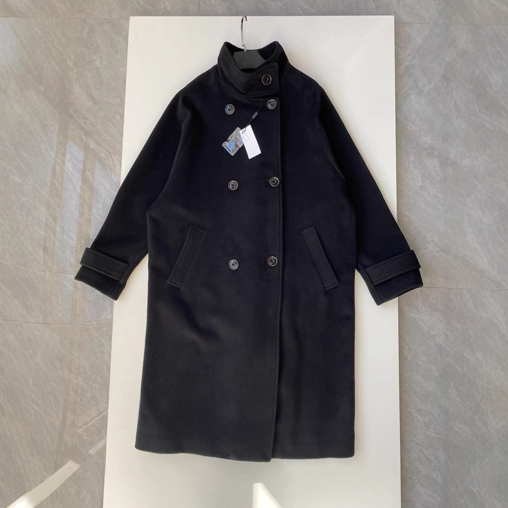 Autumn and Winter Classic Versatile French Classic Mid-Length Stand Collar Double-Breasted Black Wool Coat