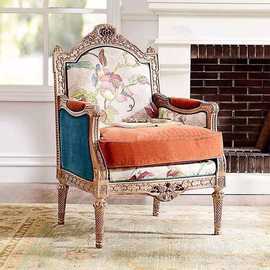 美式实木做旧单人沙发新古典雕花布艺现代沙发椅高端客厅实木家具