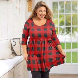 跨境亚马逊欧美女装红黑格长款上衣 秋冬宽松大码圆领印花长袖T恤