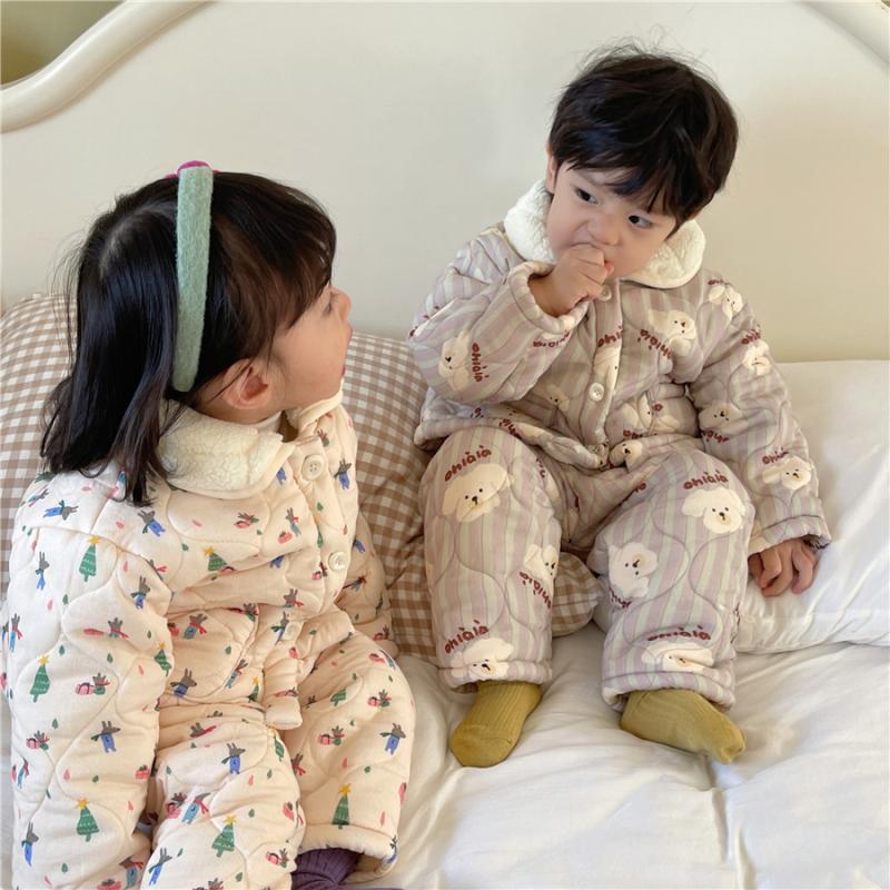 儿童三层夹棉卡通家居服韩版冬款男女童加绒加厚睡衣宝宝保暖套装|undefined