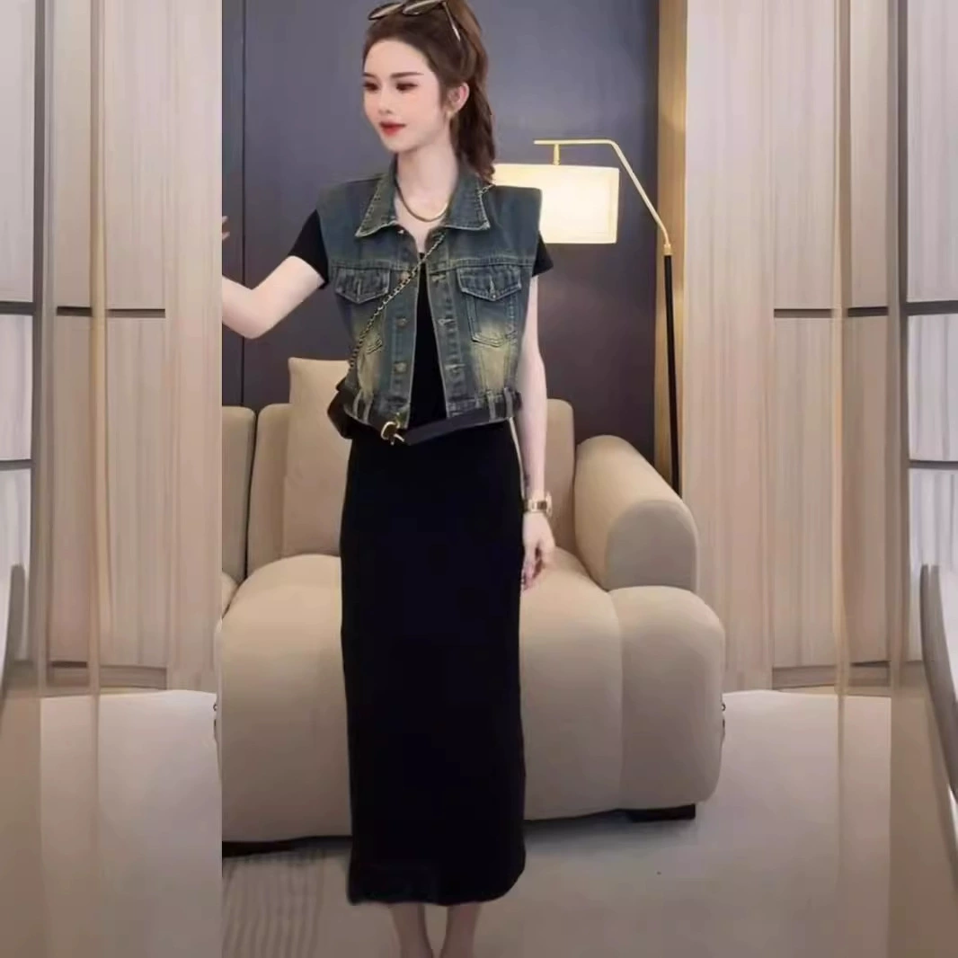 Дизайн джинсовый жилетный жилет женский летний минус маленький летающий рукав рыхлый ретро плечо короткая куртка топ прилив