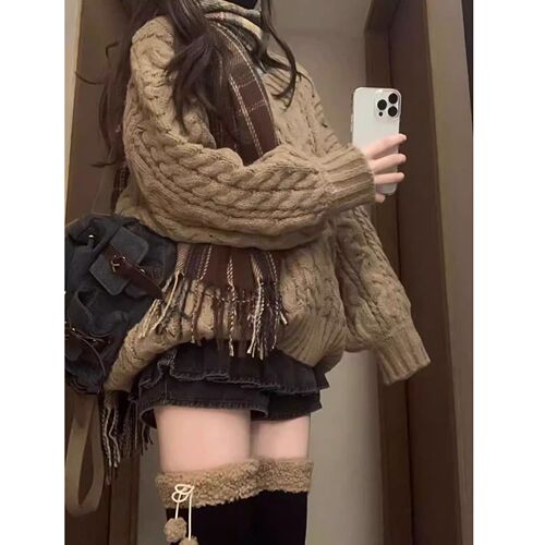 Lazy Style Retro V-Neck Crochet Lantern Sleeve Hooded Cardigan Women's Autumn/Winter New Loose Thick Knitted Top