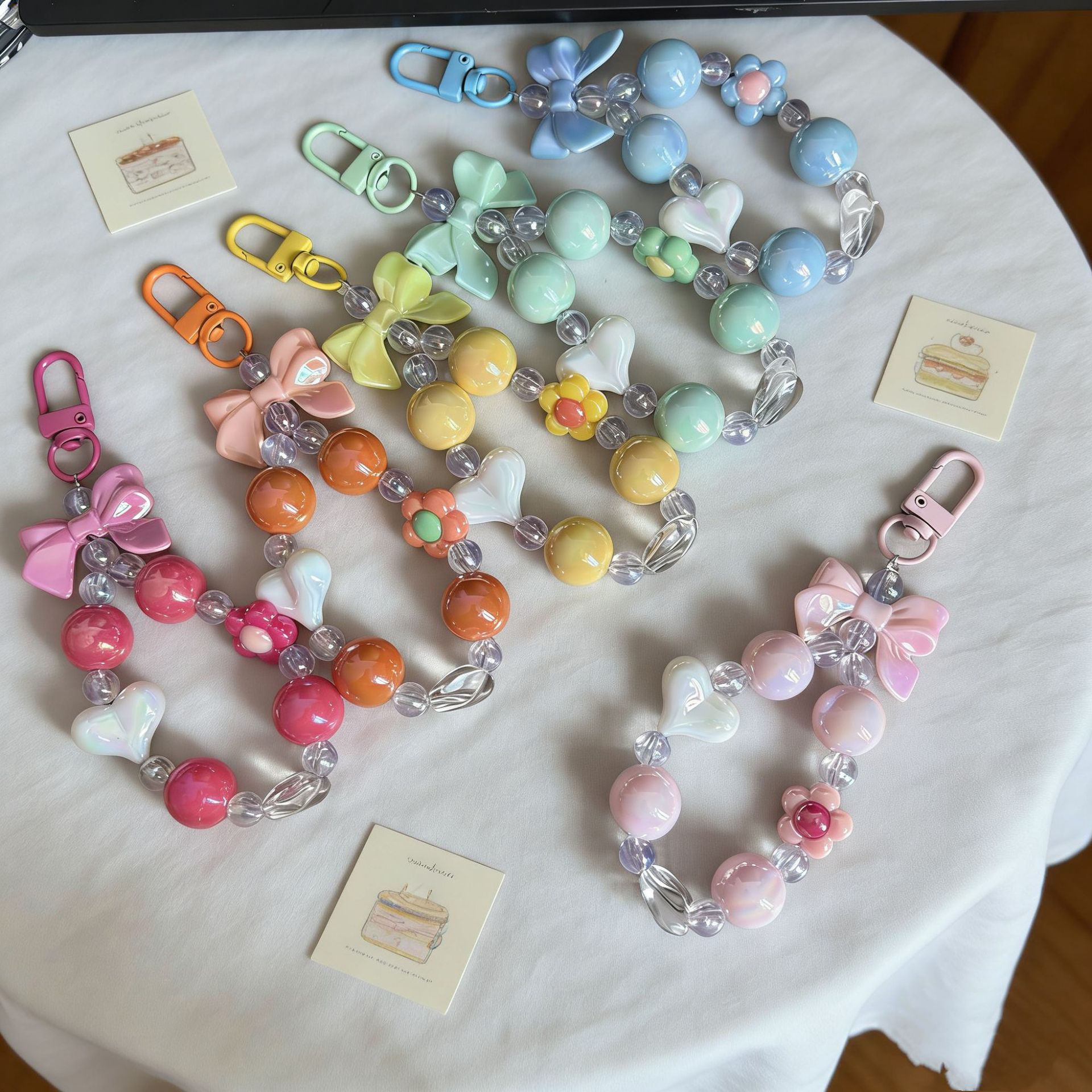 Dopamine High-End Sweet Heart Bow Flower Beaded Phone Chain Keychain Bag Cosmetics Pendant