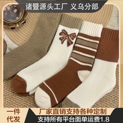 秋冬甜美蝴蝶结保暖毛圈袜袜子女秋冬日系ins潮中筒袜加厚长筒袜