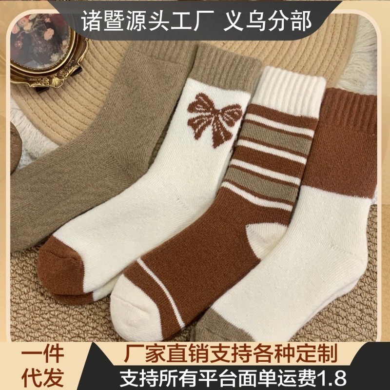 秋冬甜美蝴蝶结保暖毛圈袜袜子女秋冬日系ins潮中筒袜加厚长筒袜|undefined