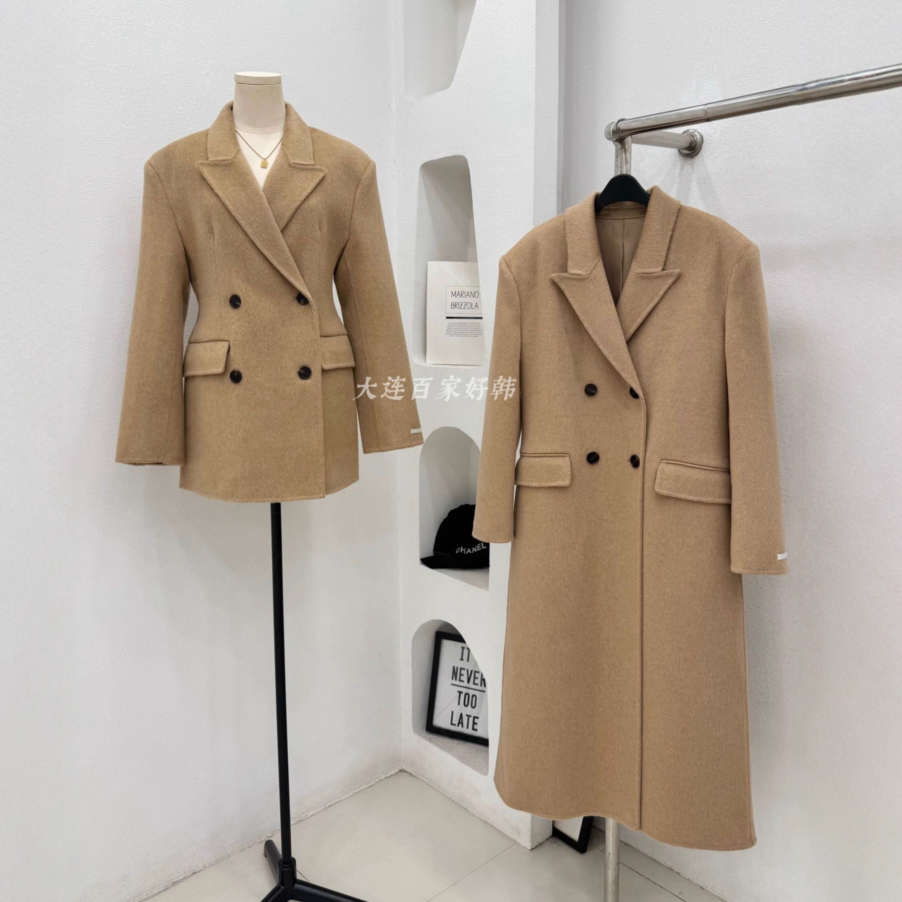 모래시계 허리 슈트 양면 울 코트 카멜 블랙 오른쪽 어깨 패딩 슈트 재킷 가을 겨울 신스타일