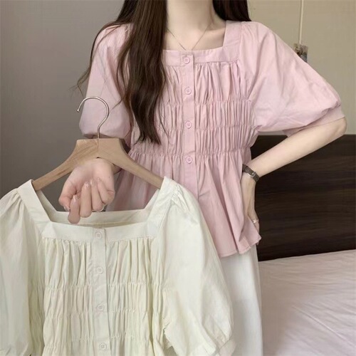 Korean style gentle style bubble sleeve wrinkled shirt for women 2025 new summer short slimming top, foreign style and meat cover