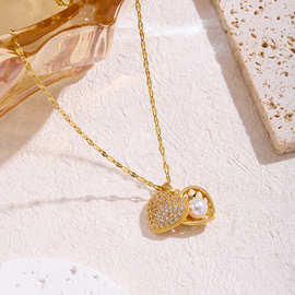 新款铜吊坠微镶满钻个性轻奢气质桃心镶钻珍珠贝壳网红百搭锁骨链
