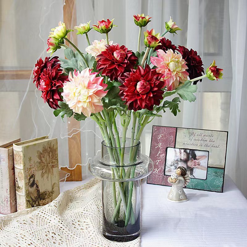 Home Decoration 2-Head Hand-Feel Dahlia Simulated Wet Artificial Moisturizing Dahlia Oriental Chrysanthemum Fake Flower Wholesale