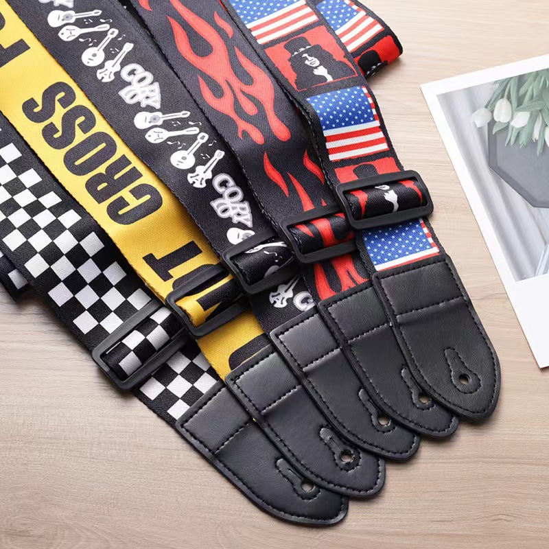 Personalized Heat Transfer Guitar Strap with Thick Leather Backing and Polyester Strap