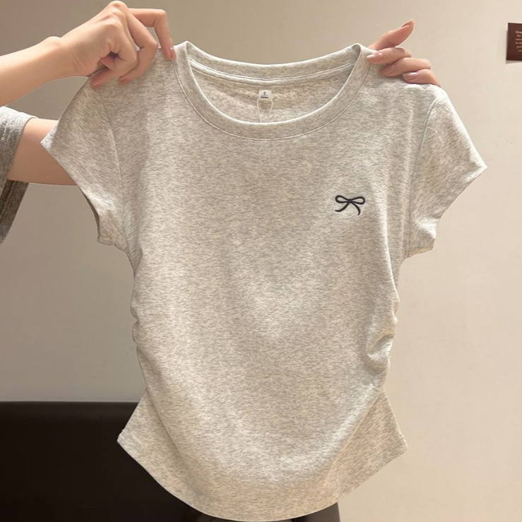 Sweet Pure Desire Right Shoulder Short Sleeve T-Shirt Women's Bow Embroidery Spring and Summer New Korean Style Pleated Waist Short Top