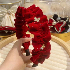 秋冬新款時尚氣質百搭絲絨寬邊褶皺蝴蝶閃鑽發箍女公主風洋氣髮飾