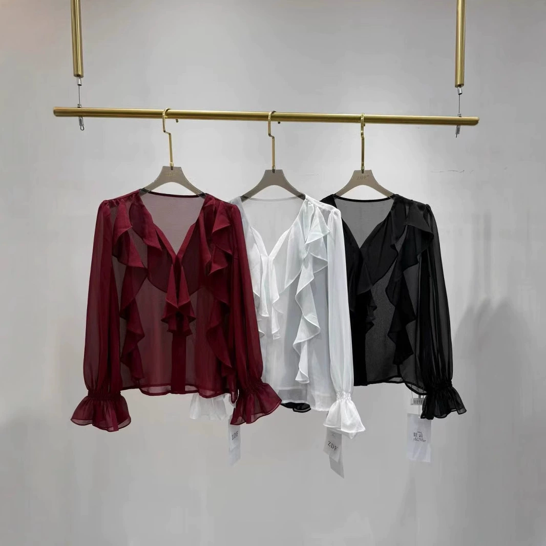 Французская супер-фея с v-образным вырезом и рюшами, рубашка с длинными рукавами для женщин на весну и осень, новый элегантный тонкий и универсальный тонкий шифоновый топ