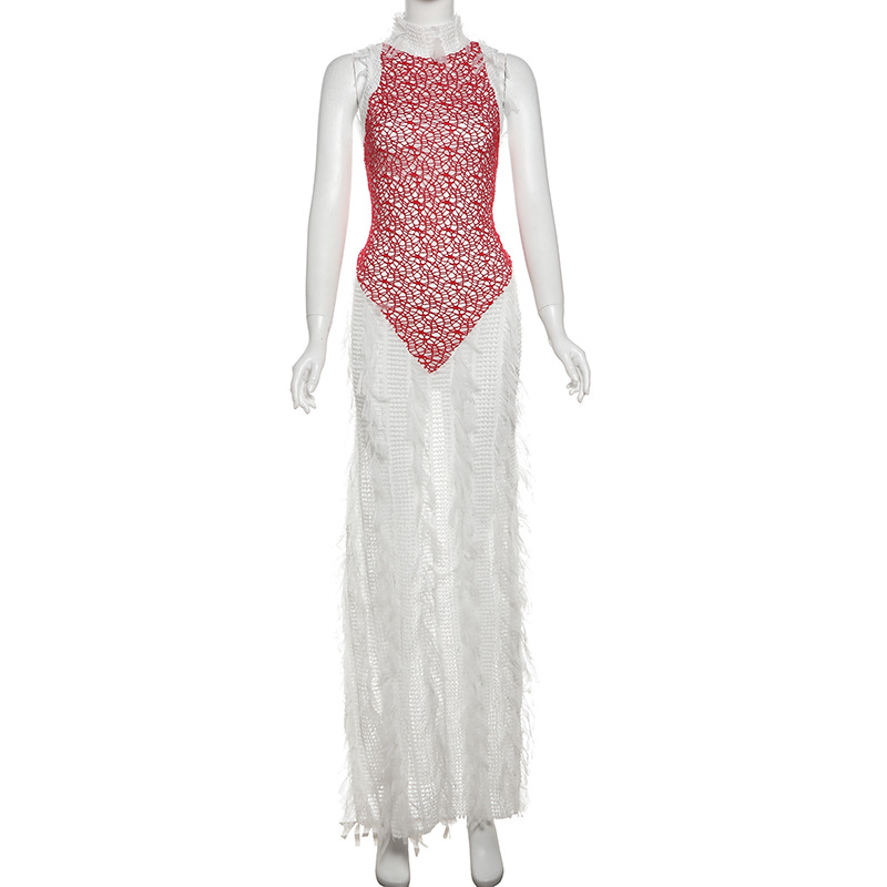 Summer Womens Dress Sleeveless Backless Fringe Sheer Color Block Trendy Style for Parties and Events OEM