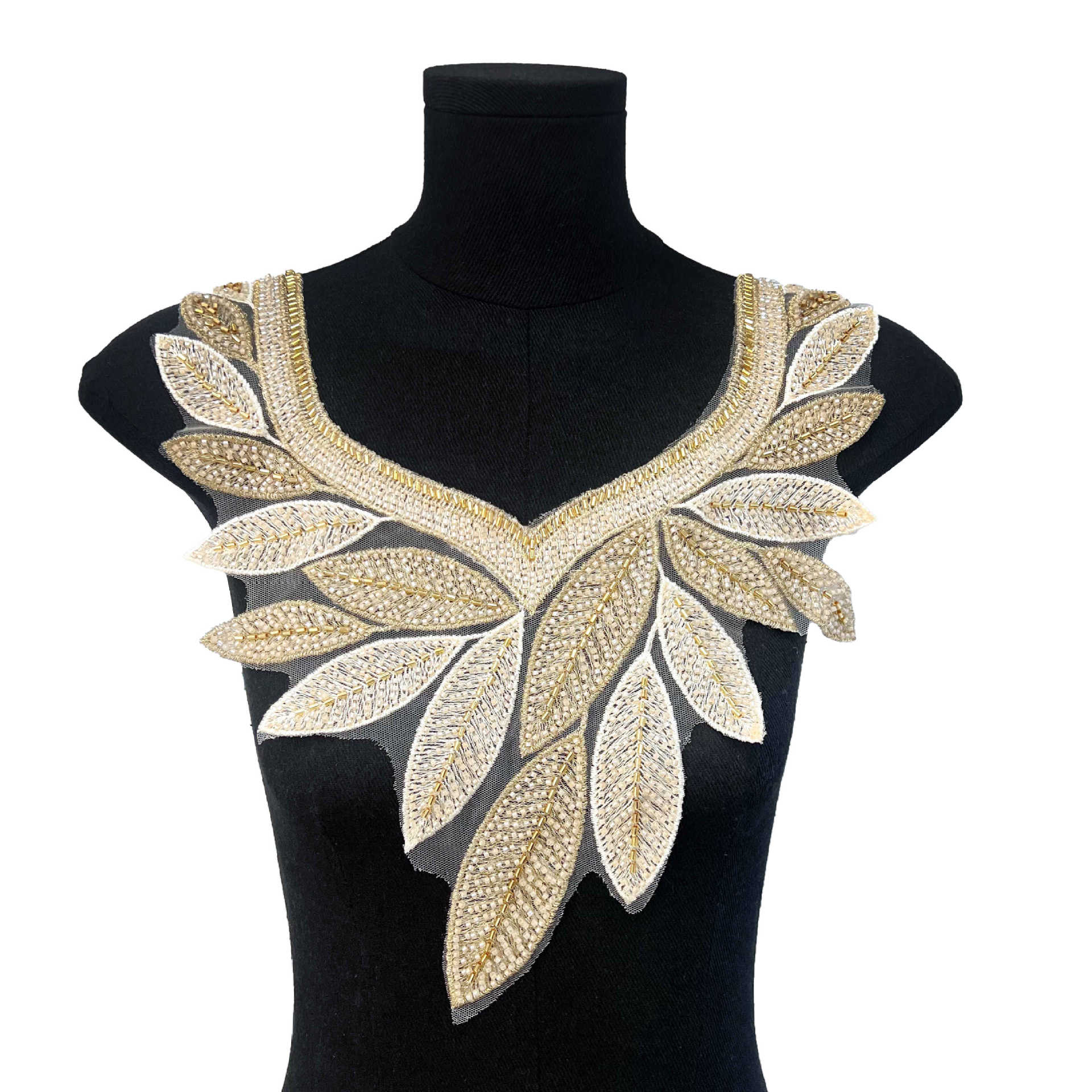 Oro claro, forma de bambú, hojas, bordado, pegatinas de tela, ropa de escenario, vestido, accesorios de decoración de cuello delantero image 7