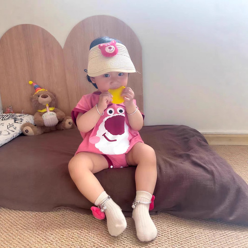 Summer Baby Loose Casual Short Sleeve Hoddie Infant Cotton Cute Strawberry Bear PJs Climbing Suit Korean Version