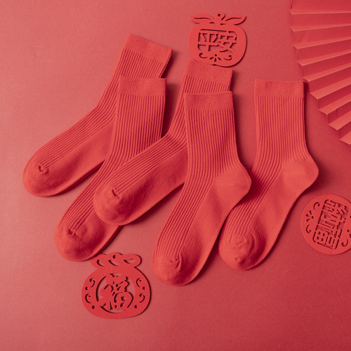 Big Red Socks Wedding Socks Autumn and Winter Couples Men and Women Vertical Strip Cotton Double Needle Mid-Tube High Waist Zodiac Year Red Cotton Socks Batch
