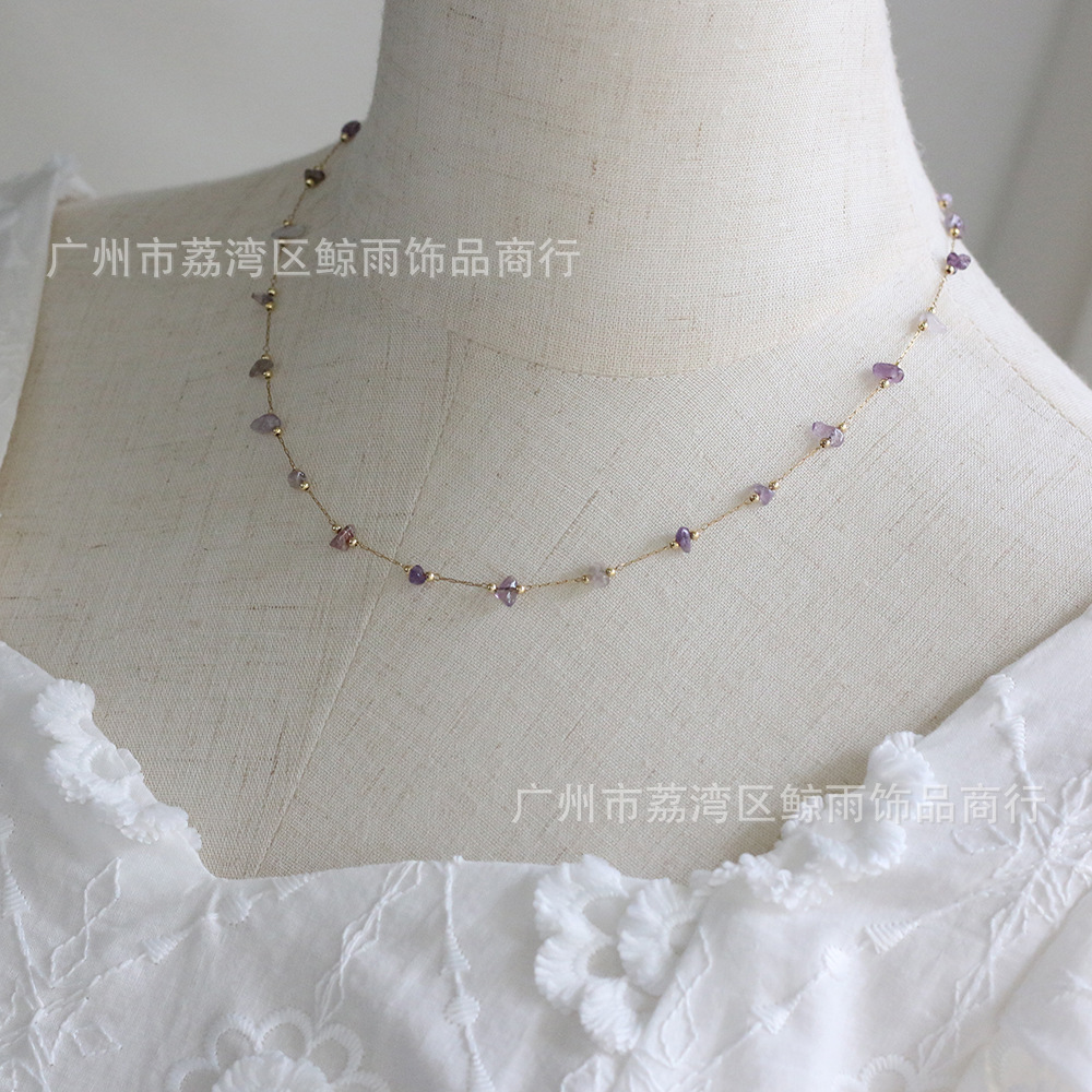 Xl092 Amethyst Irregular Golden Balls Gravel Crystal Necklace Short Chain Titanium Steel Plated 18k Gold Color Protection Live Broadcast display picture 7