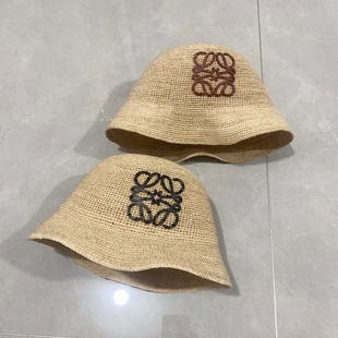 夏季女士手钩拉菲帽 黑米色徽标logo皮标棕榈编宽沿遮阳帽