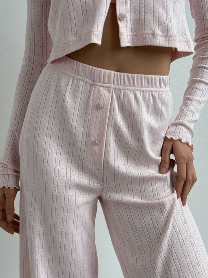 Bộ đồ ngủ nữ 3 món áo cardigan dài tay quần dài họa tiết jacquard — Màu be, Màu hồng chi tiết 77