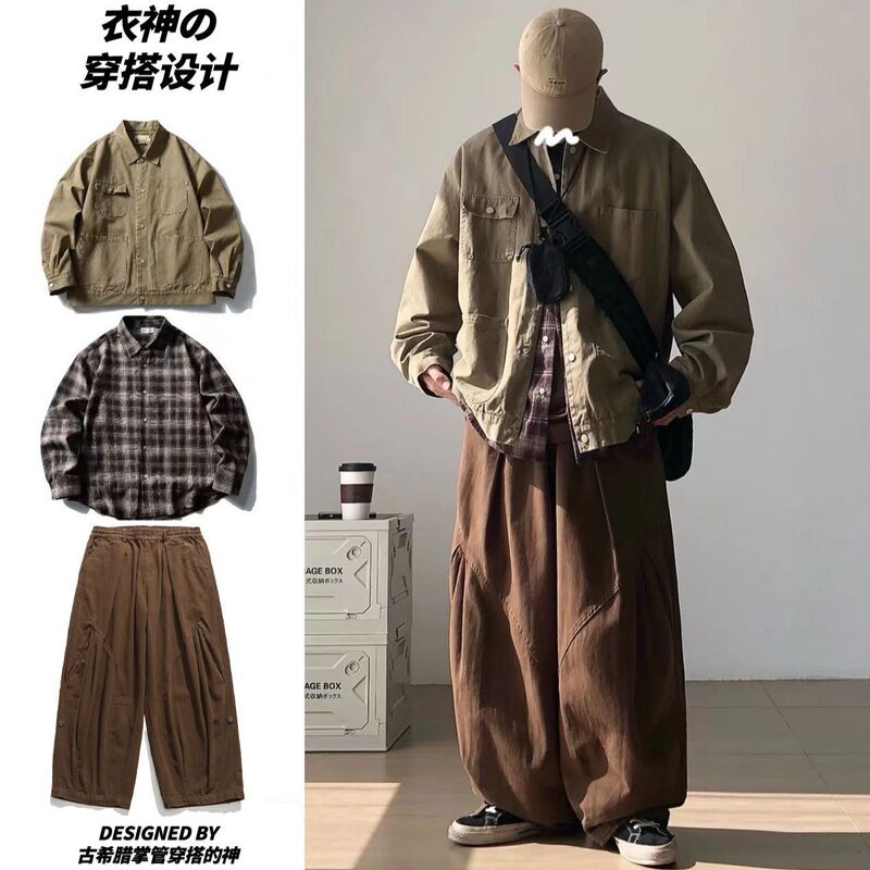 Three-Piece Set/Early Autumn Japanese Style Outfit for Men, Multi-Pocket Washed Vintage Lapel Workwear Jacket Set Trendy