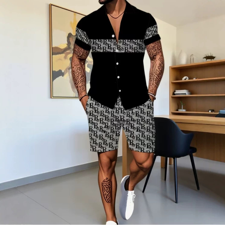 Men's Casual Hawaiian Print Shirt And Shorts Set Polyester Loose Fit Spring Summer Autumn Wear Y2K_viptrois.com