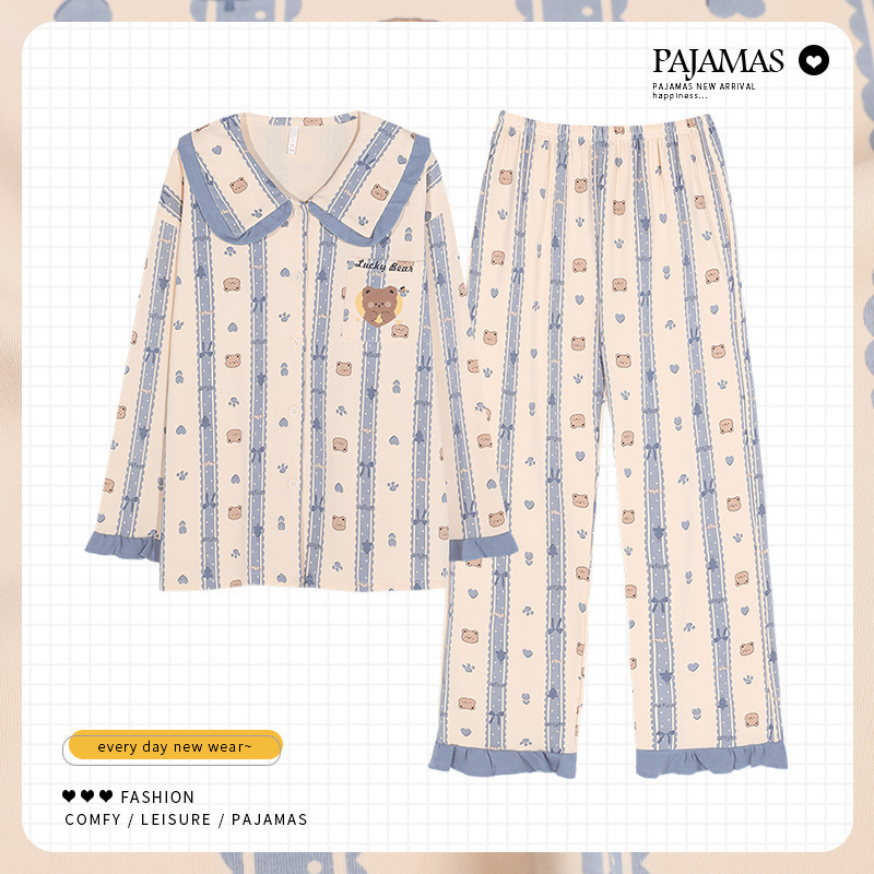 [with chest pad] 40 double-sided cotton pajamas women's spring and autumn long sleeve cardigan home clothing cartoon anti-bump