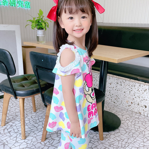 2024 New Girls Summer Clothes EM Japanese Trendy Children's Clothes Cartoon Bear Off-Shoulder T-Lace Leggings Suit