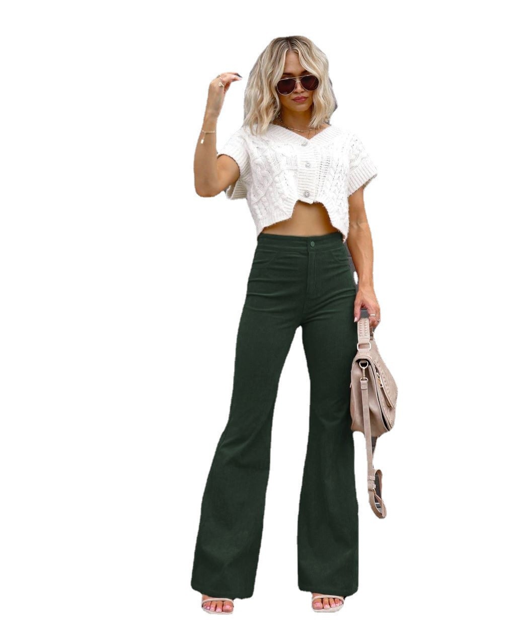 2024 Spring New Solid Color Corduroy Style Women's Micro Pull High Waist Casual Pants_voghion.com