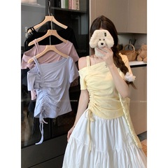 2025新款设计感斜领露肩抽绳上衣女夏季新款小众别致收腰显瘦T恤